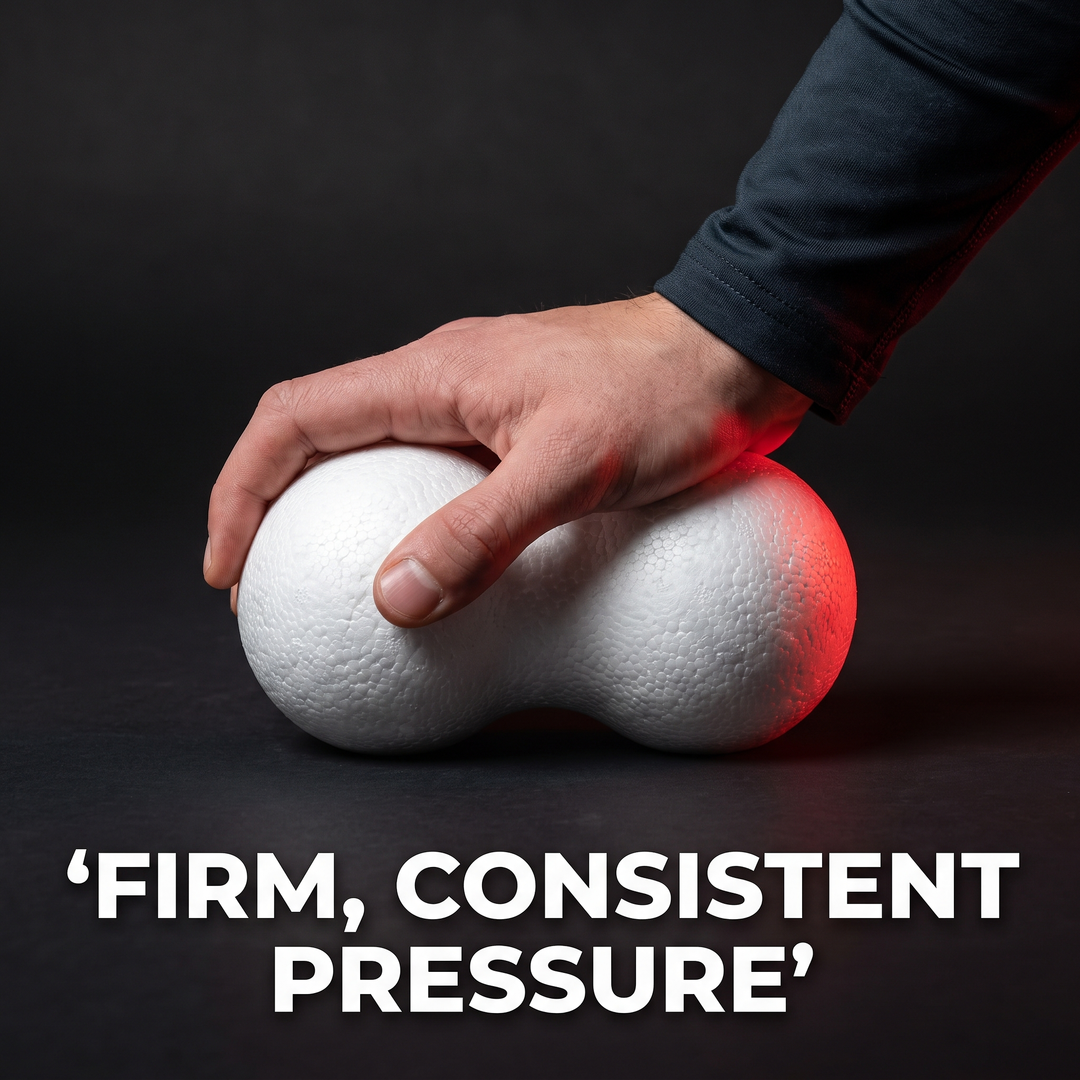 Hand pressing PHYSIOATHLETX peanut massage ball demonstrating firm consistent pressure