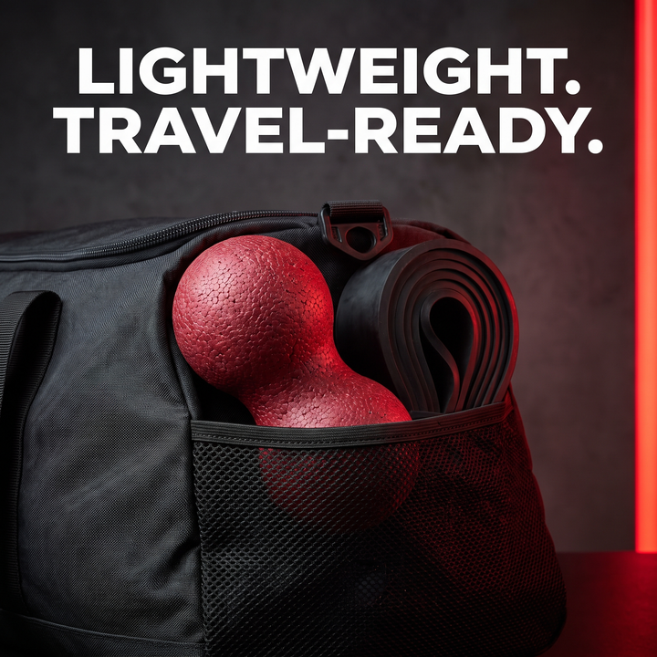 PHYSIOATHLETX peanut massage ball packed in gym bag, lightweight and travel-ready