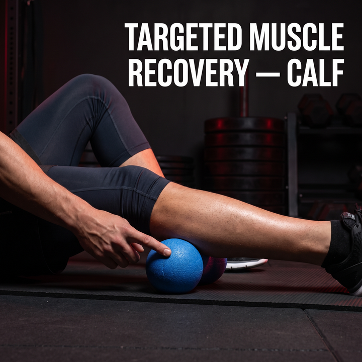 Athlete rolling PHYSIOATHLETX blue peanut massage ball under calf for muscle recovery