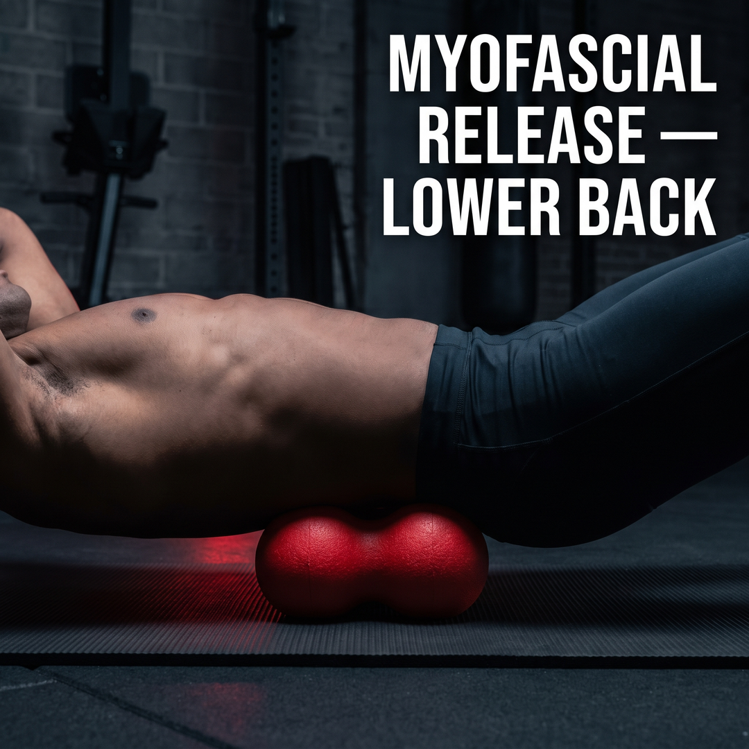Athlete using PHYSIOATHLETX red peanut massage ball for myofascial release under lower back
