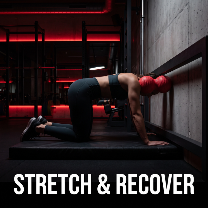 Athlete stretching with PHYSIOATHLETX peanut massage ball against shoulder blade