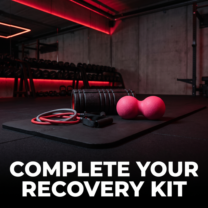 PHYSIOATHLETX peanut massage ball as part of a complete recovery kit with foam roller and resistance bands