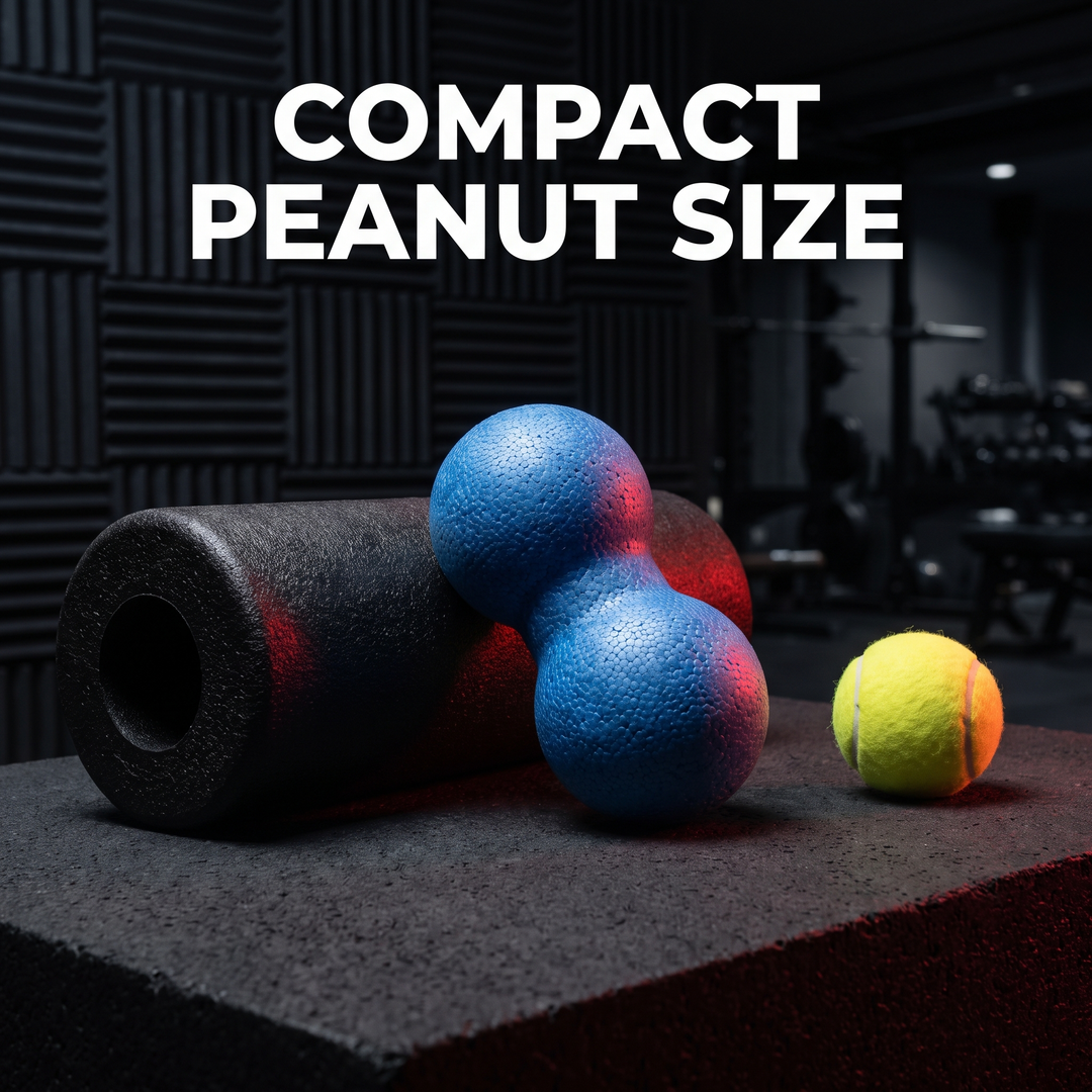 Size comparison of PHYSIOATHLETX peanut massage ball next to foam roller and tennis ball