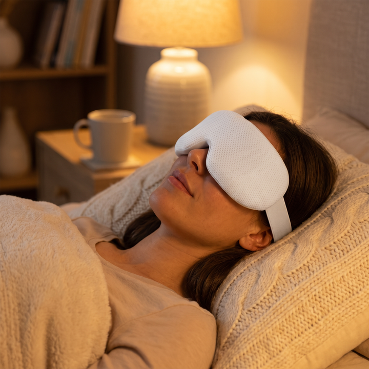 PhysioAthletX 3D Compression Eye Massager - woman relaxing in bed wearing eye mask during evening wind-down