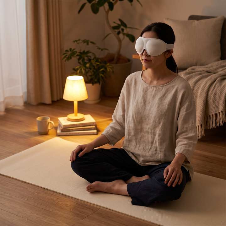 PhysioAthletX 3D Compression Eye Massager - woman using eye mask during a meditation break at home
