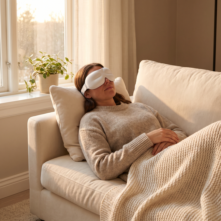 PhysioAthletX 3D Compression Eye Massager - woman relaxing on sofa wearing eye mask in the evening