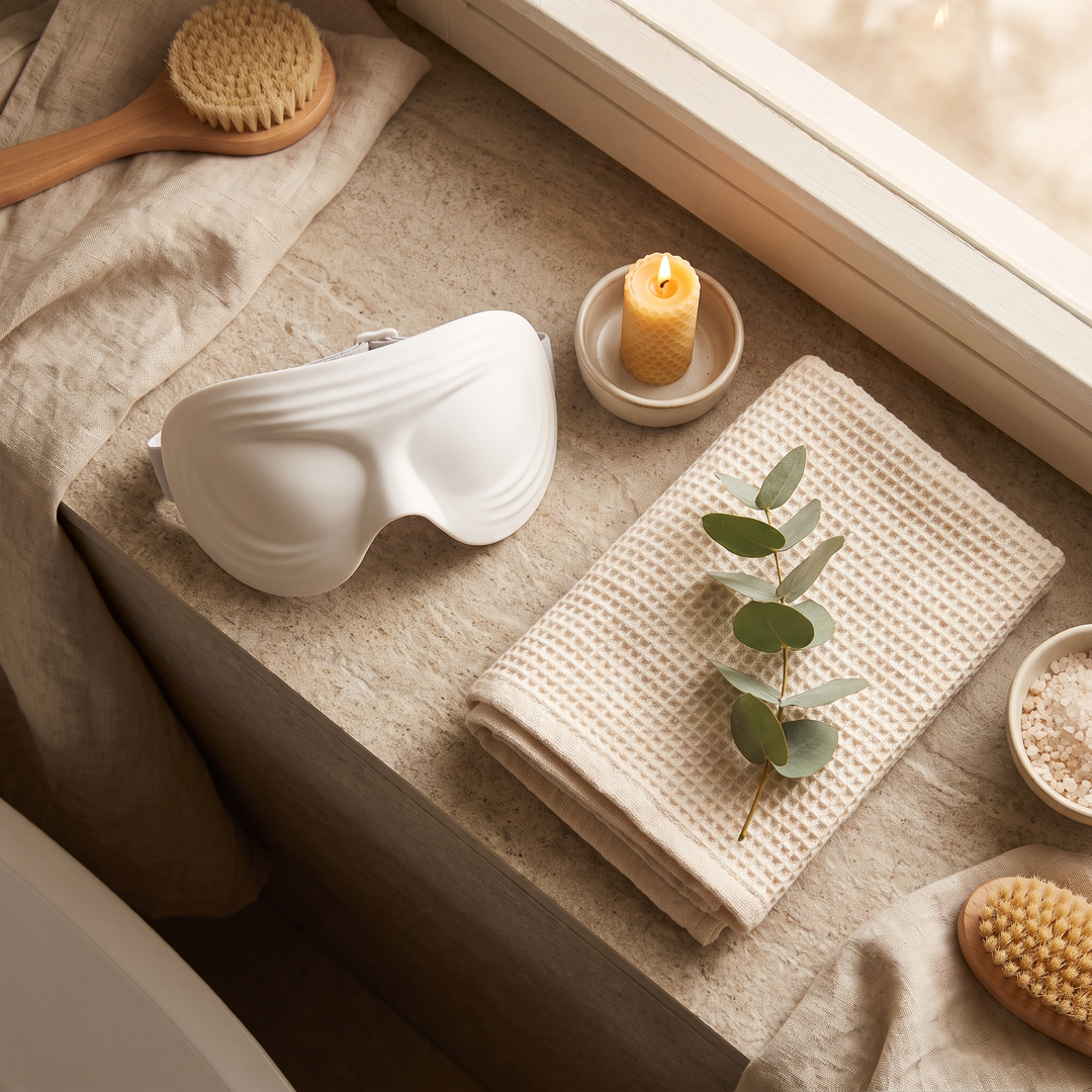 PhysioAthletX 3D Compression Eye Massager - spa-style flat lay with candle and towel