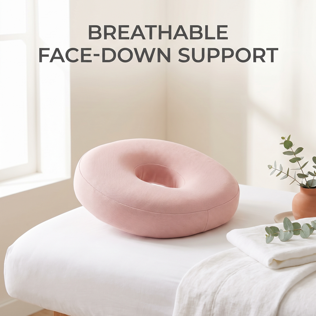 Soft pink memory foam massage table headrest cushion with breathable face cutout