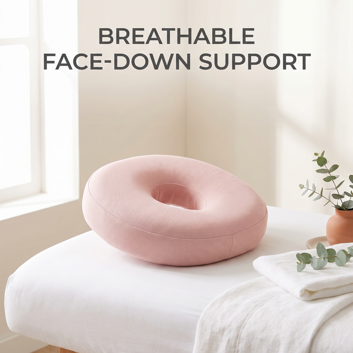Soft pink memory foam massage table headrest cushion with breathable face cutout