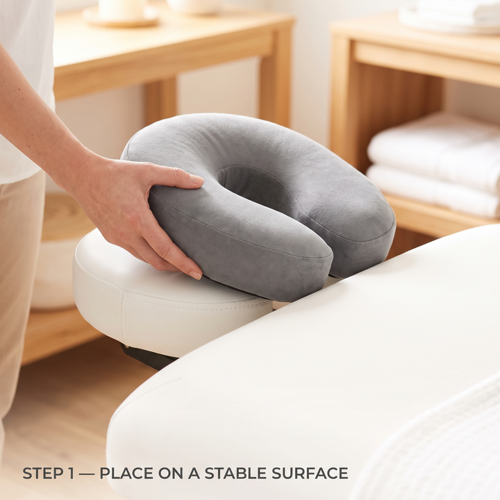 Step 1: placing a memory foam headrest cushion on a massage table
