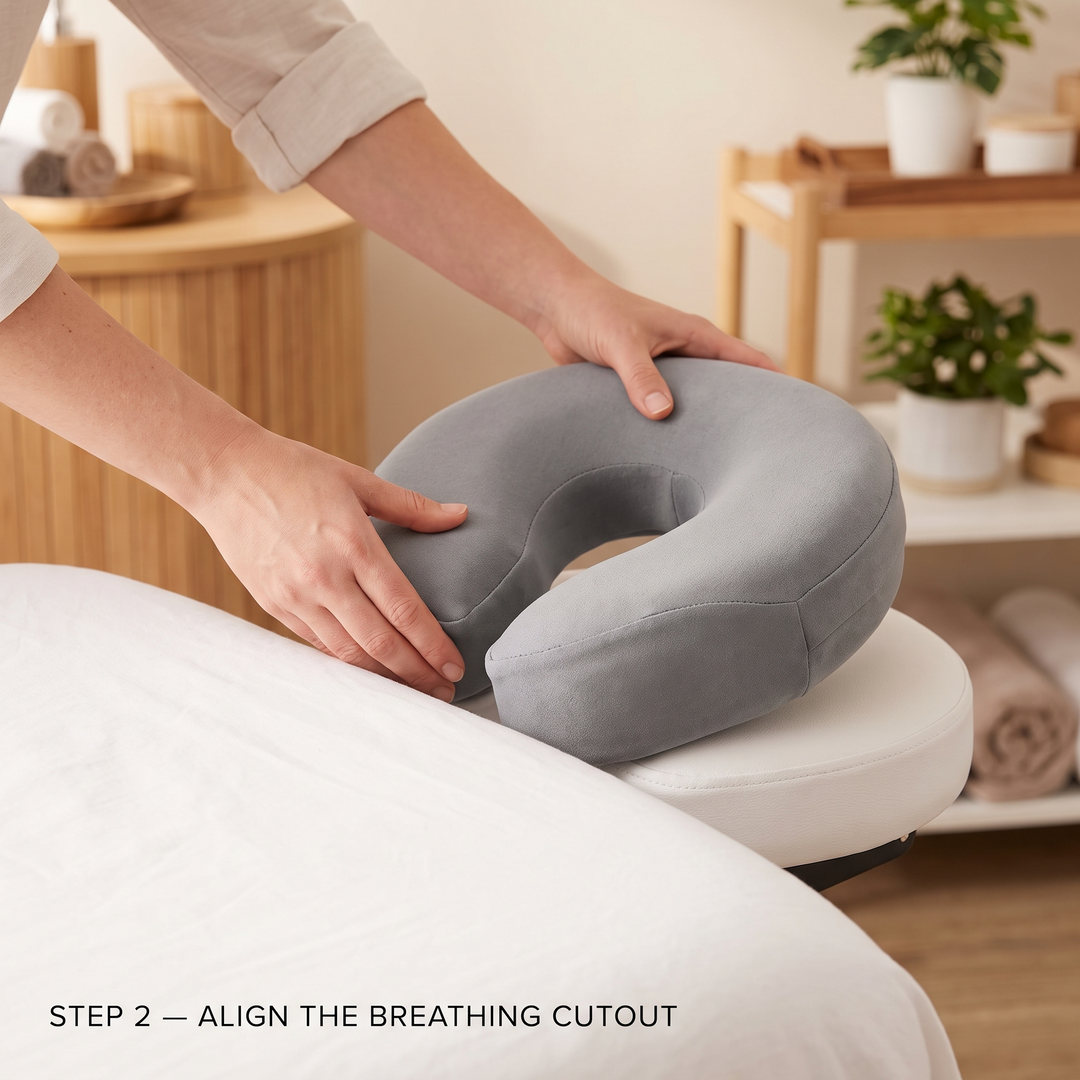 Step 2: aligning the breathing cutout of a memory foam headrest cushion