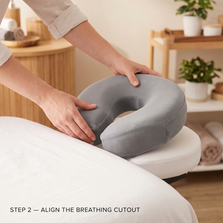Step 2: aligning the breathing cutout of a memory foam headrest cushion