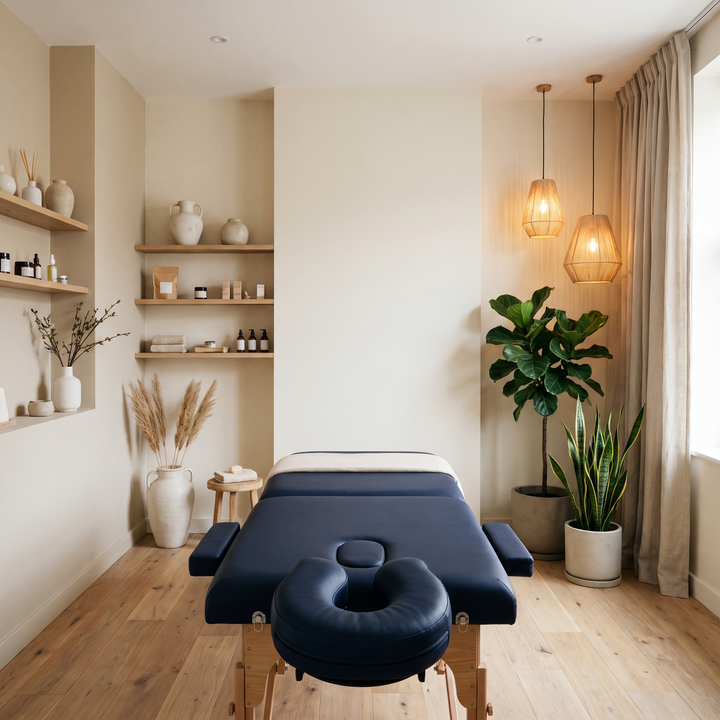 Navy blue memory foam headrest cushion in an elegant beauty salon treatment room