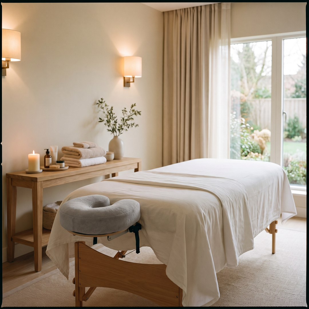 Gray memory foam headrest cushion set up on a massage table in a spa treatment room