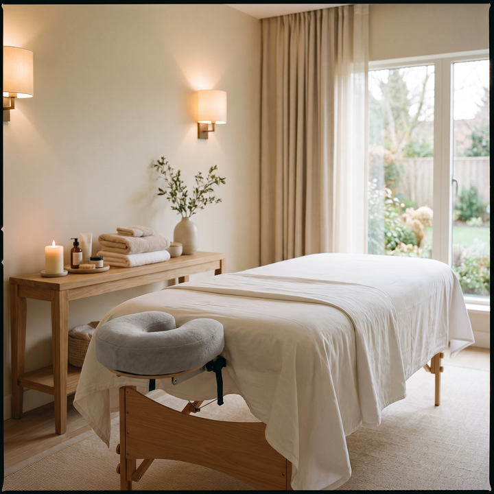 Gray memory foam headrest cushion set up on a massage table in a spa treatment room