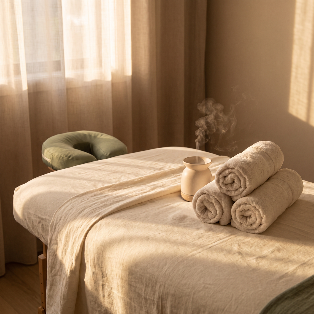 Sage green memory foam headrest cushion on a professional massage table setup