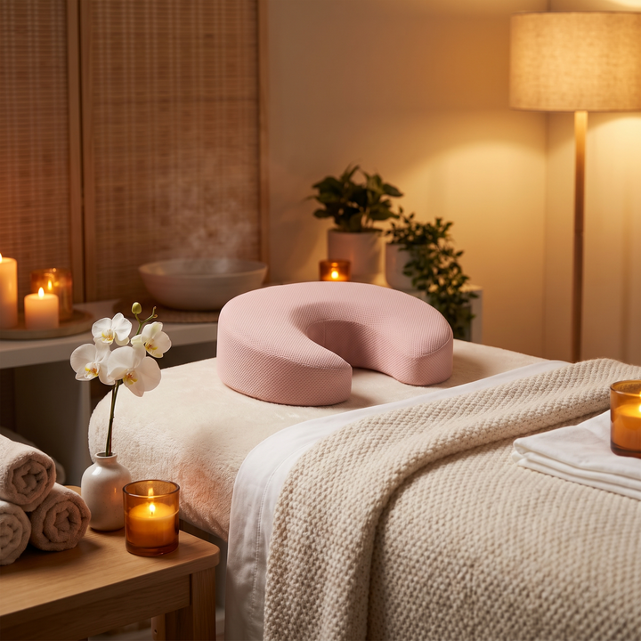 Pink memory foam headrest cushion on a massage table in a wellness spa room