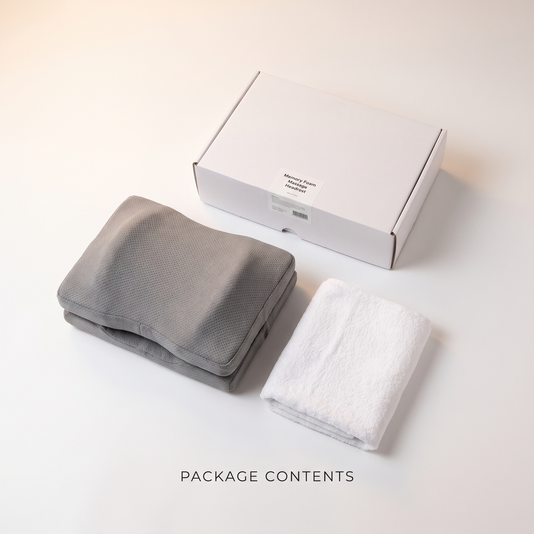 Packaging flat lay of a gray memory foam massage table headrest cushion