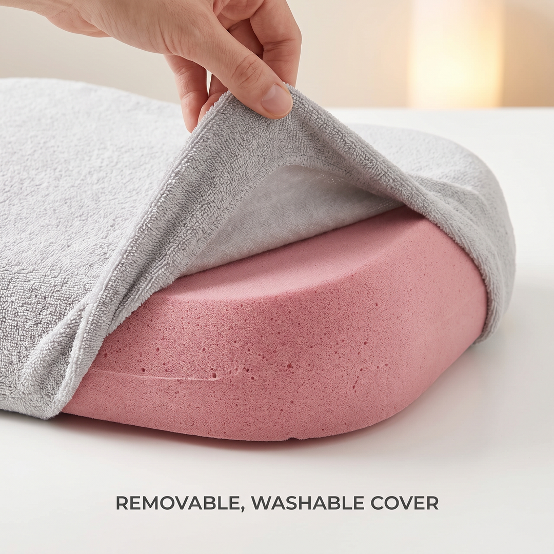 Removable washable cover on a pink memory foam massage headrest cushion