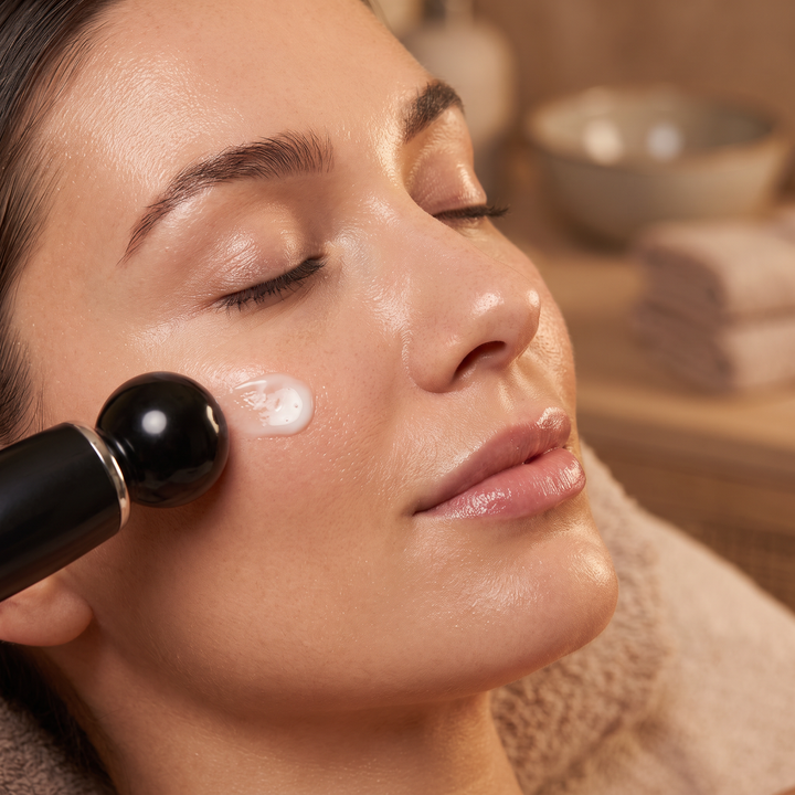 Professional Face Lifting Device Microcurrent Facial Massager - serum application close-up with Black device