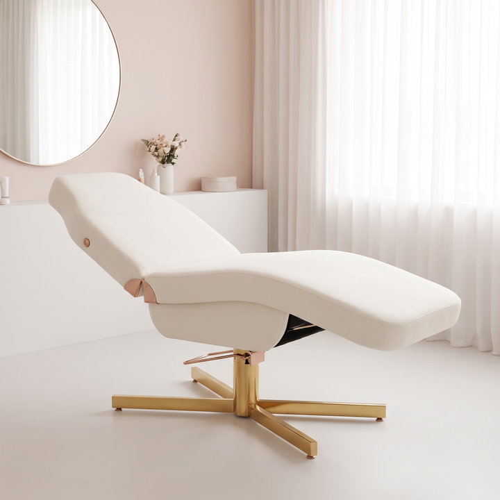 Professional Curved Reclining Facial Bed - Gold Cross Base - Flat Position