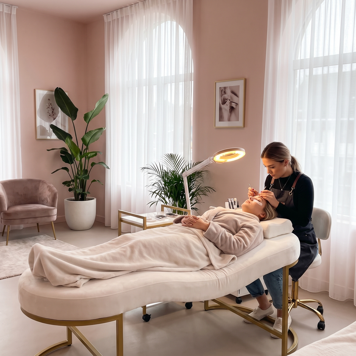 Professional Curved Reclining Facial Bed - Lash Extension Treatment in Use