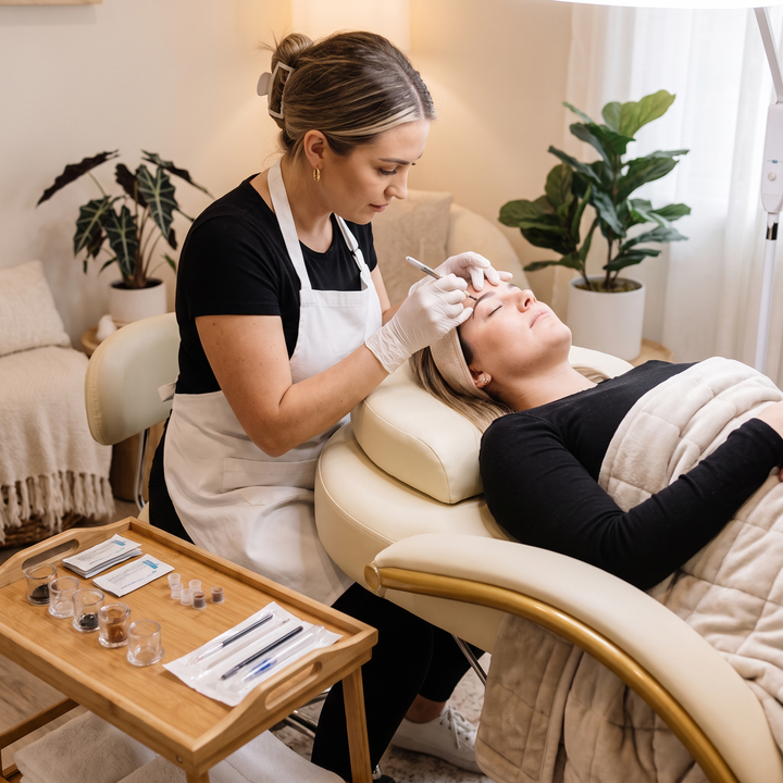 Professional Curved Reclining Facial Bed - Microblading Treatment in Use