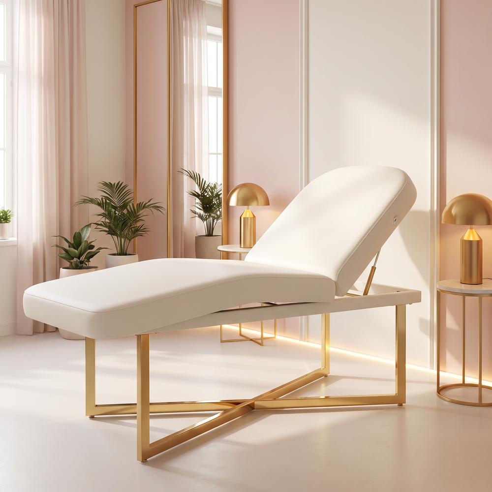 Professional Curved Reclining Facial Bed - Gold Cross Base - Reclined Position