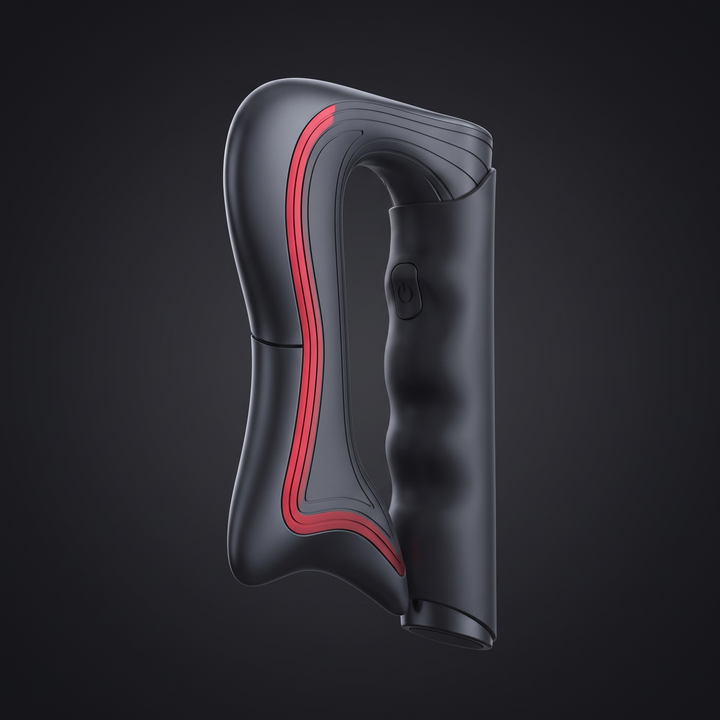 Electric fascia massage recovery tool, front three-quarter hero view, dark charcoal with red accent