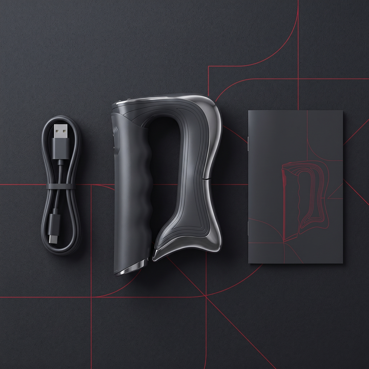 Flat lay of full package contents: recovery tool, charging cable and instruction manual