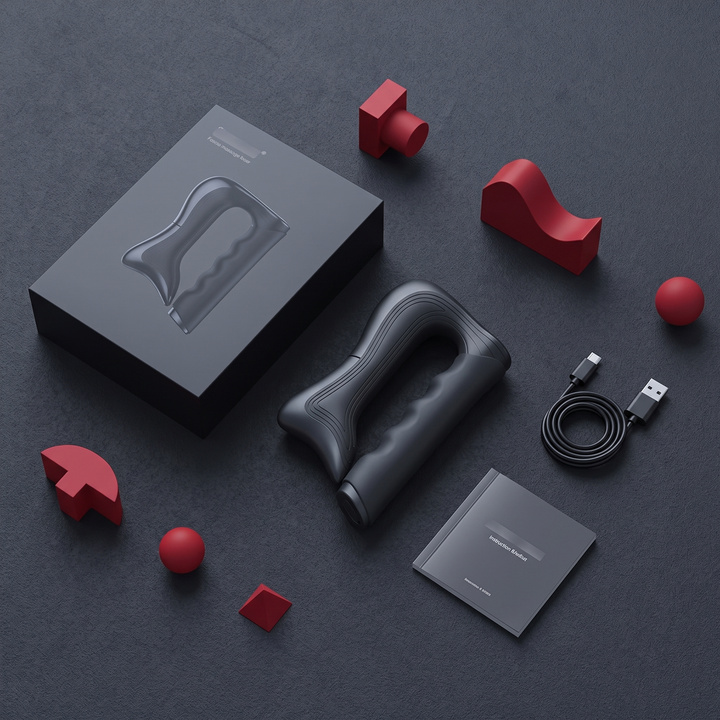 Retail packaging flat lay with recovery tool, charging cable and instruction booklet