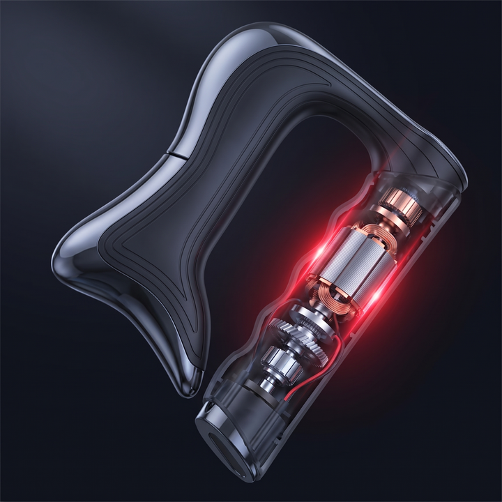 Feature callout of the internal vibration motor mechanism inside the massage tool handle