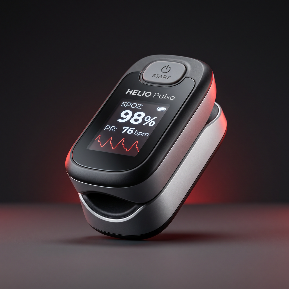 Finger pulse oximeter angled hero shot, portable home health tracking device with digital readout