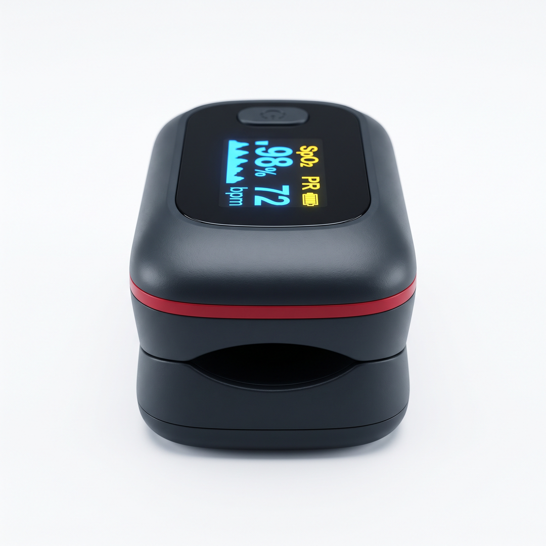 Compact finger pulse oximeter for home use, front view showing digital display for tracking blood oxygen saturation and heart rate