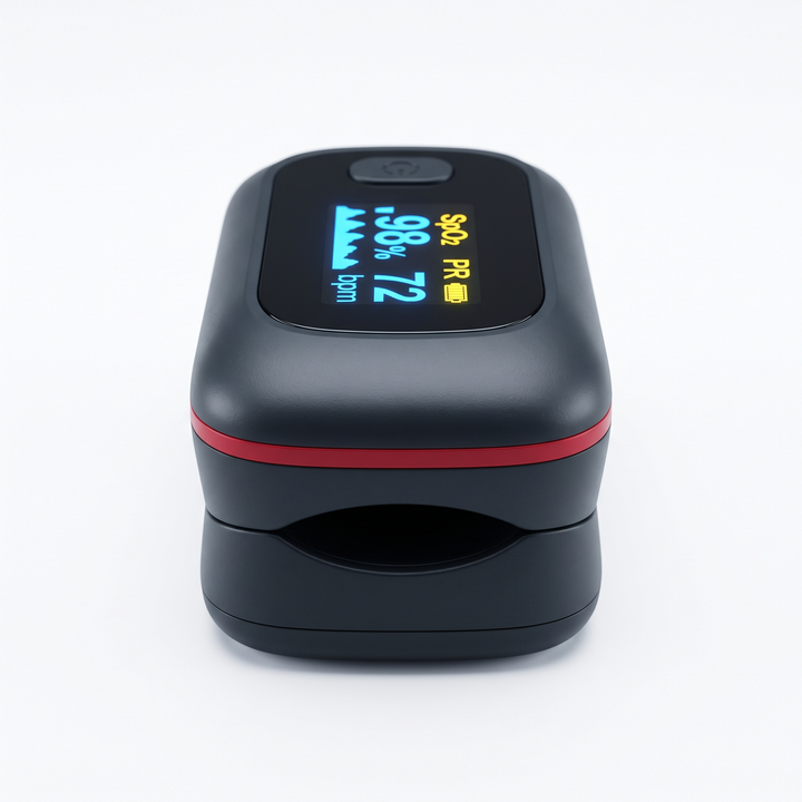 Compact finger pulse oximeter for home use, front view showing digital display for tracking blood oxygen saturation and heart rate