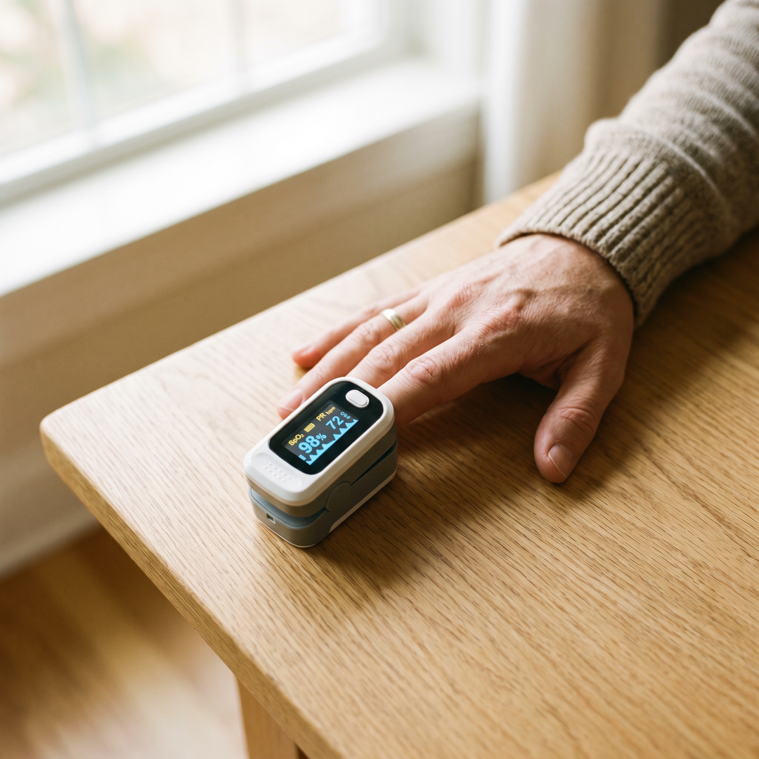 Finger pulse oximeter clipped onto a fingertip for a quick at-home oxygen and heart rate check