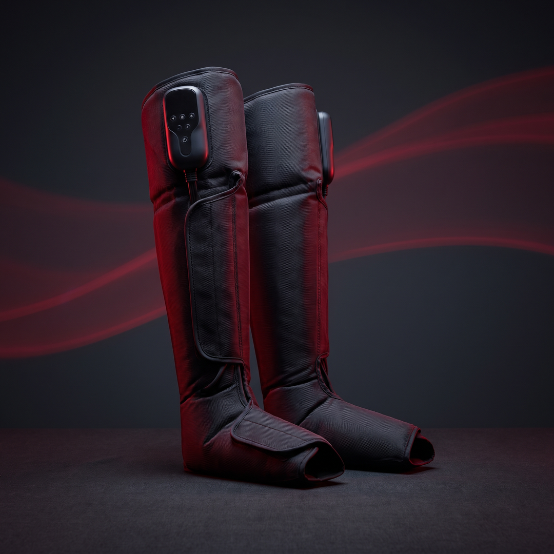 Full-leg air compression massager, both-legs pair, three-quarter angle view