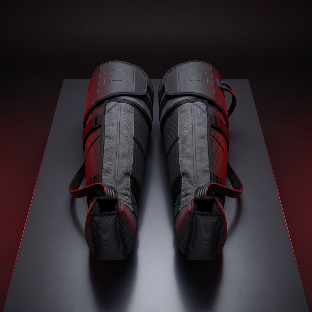 Full leg air compression massager, both-legs configuration, front view, for circulation and recovery