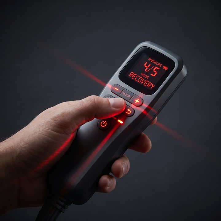 Hand adjusting the pressure setting on the compression massager control unit