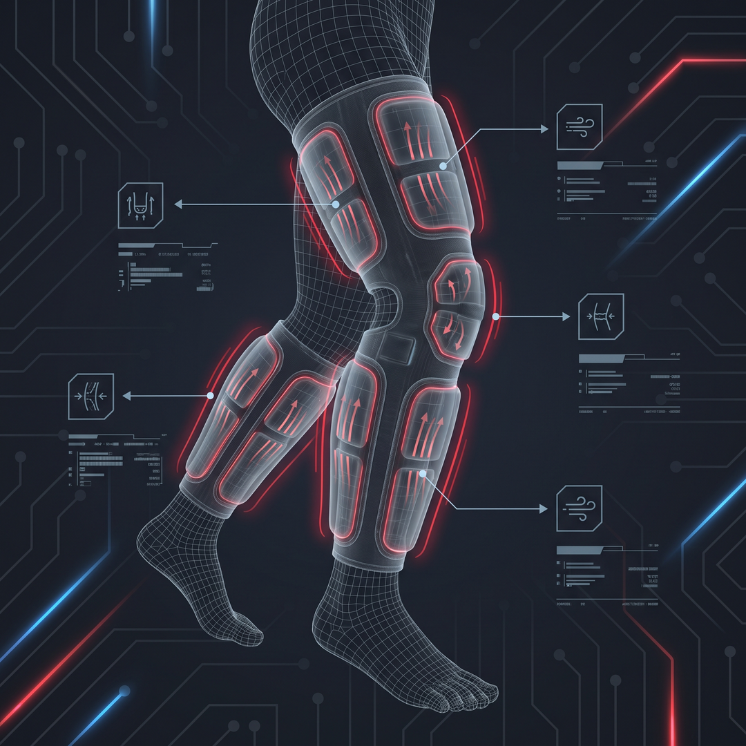 Four-chamber sequential air compression zones along the full leg sleeve