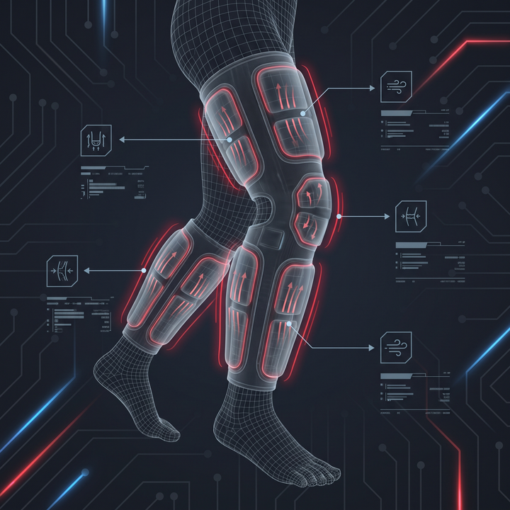 Four-chamber sequential air compression zones along the full leg sleeve