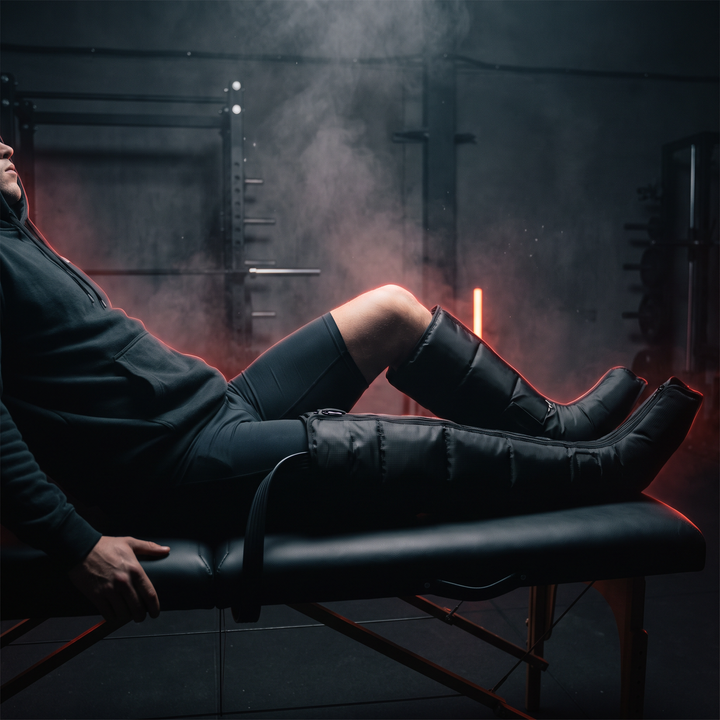 Athlete using the both-legs air compression massager for post-workout recovery