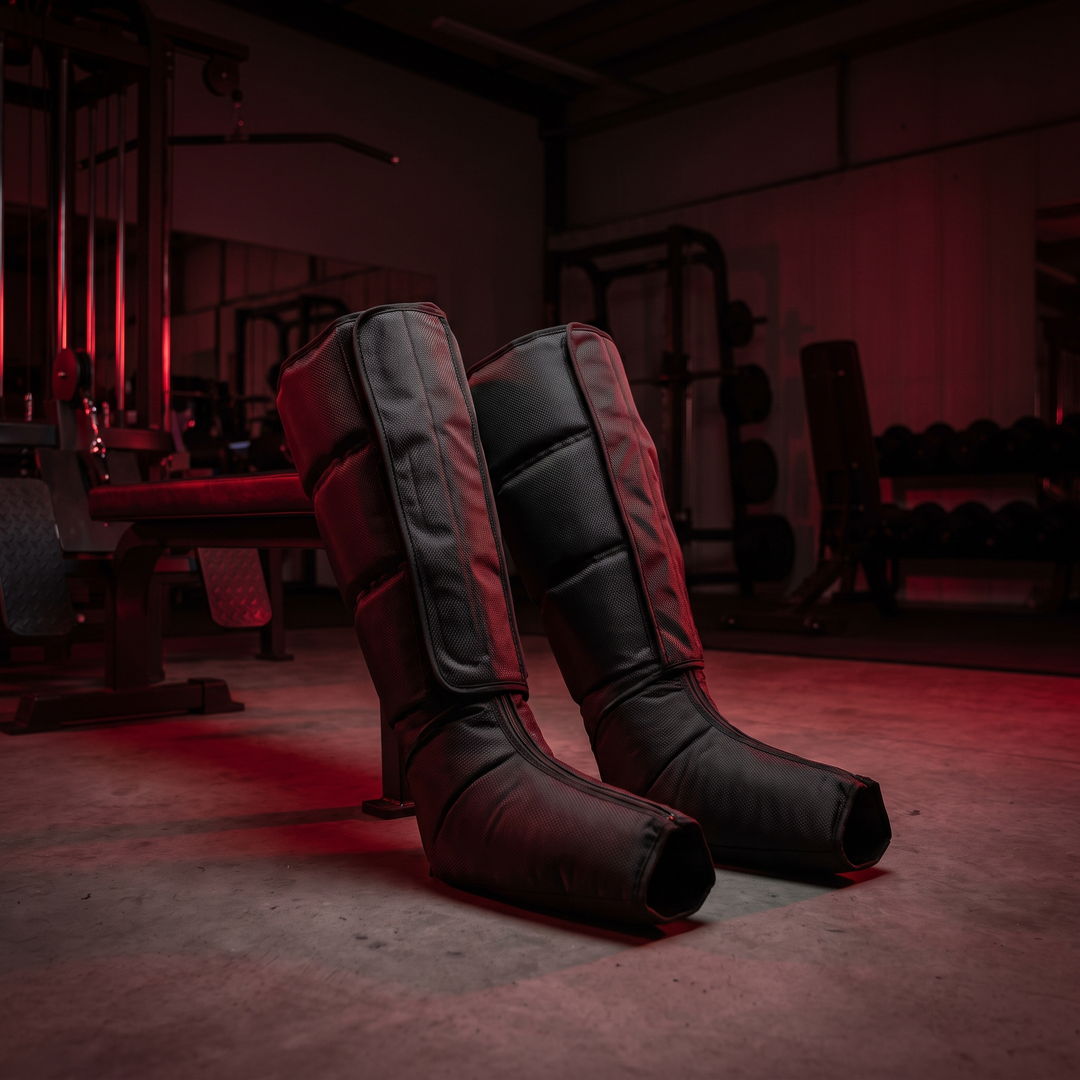 Both-legs and single-leg compression massager configurations in a gym recovery setting