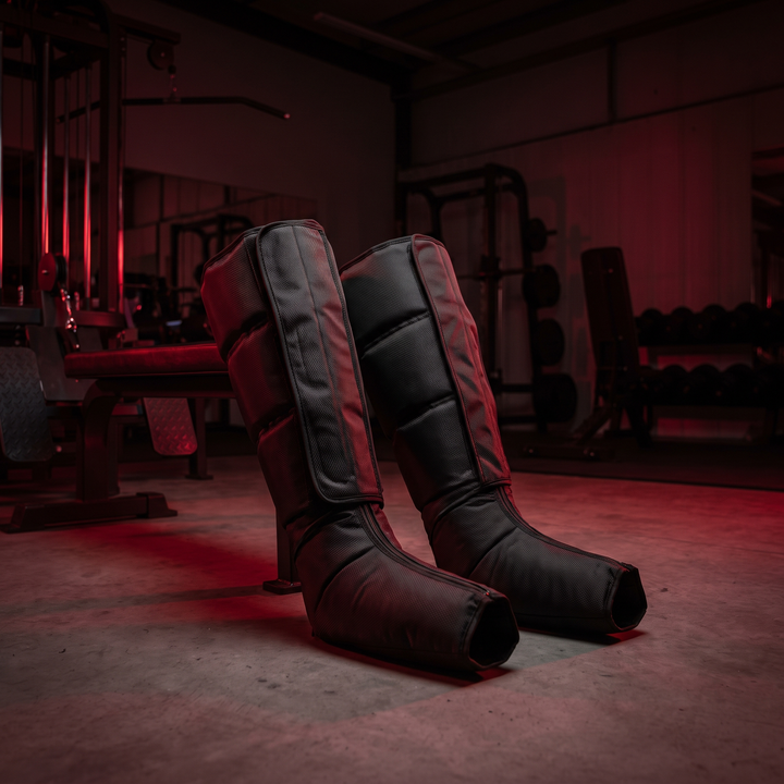 Both-legs and single-leg compression massager configurations in a gym recovery setting