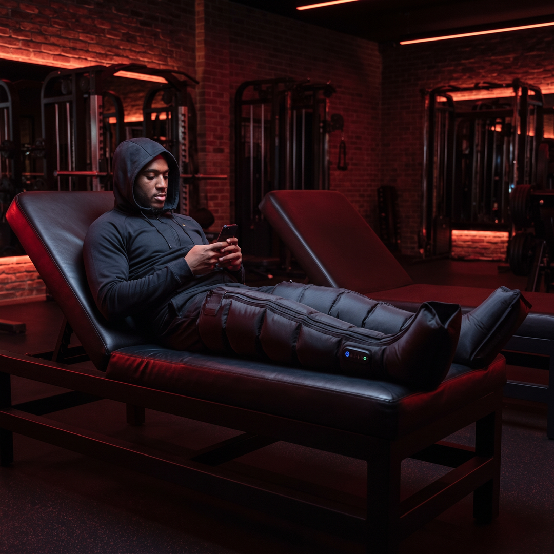 Athlete relaxing during a compression recovery session at the gym