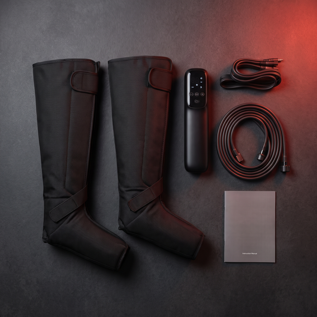 Full-leg air compression massager kit flat lay with sleeves, control unit, tubing, and manual