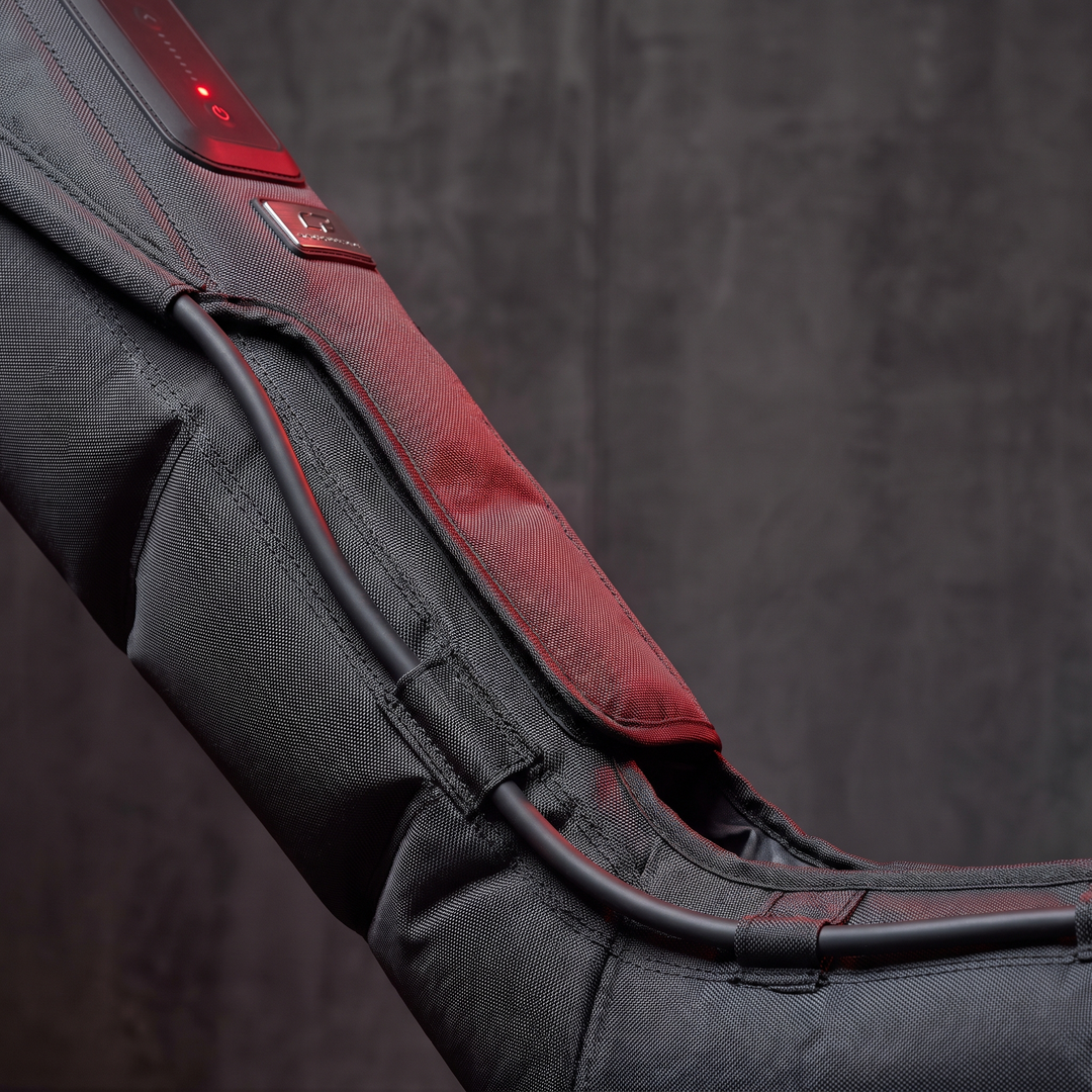 Close-up of the calf and foot chamber on a single-leg compression sleeve