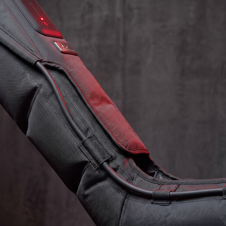 Close-up of the calf and foot chamber on a single-leg compression sleeve