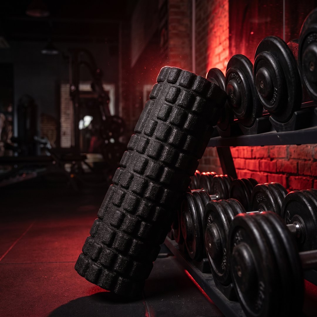 PHYSIOATHLETX Foam Roller - gym lifestyle shot with dumbbell rack