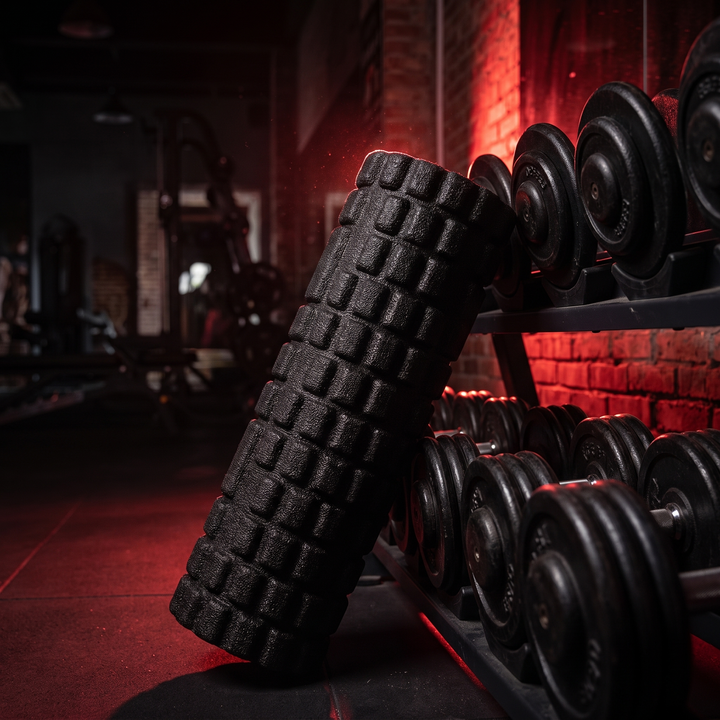 PHYSIOATHLETX Foam Roller - gym lifestyle shot with dumbbell rack
